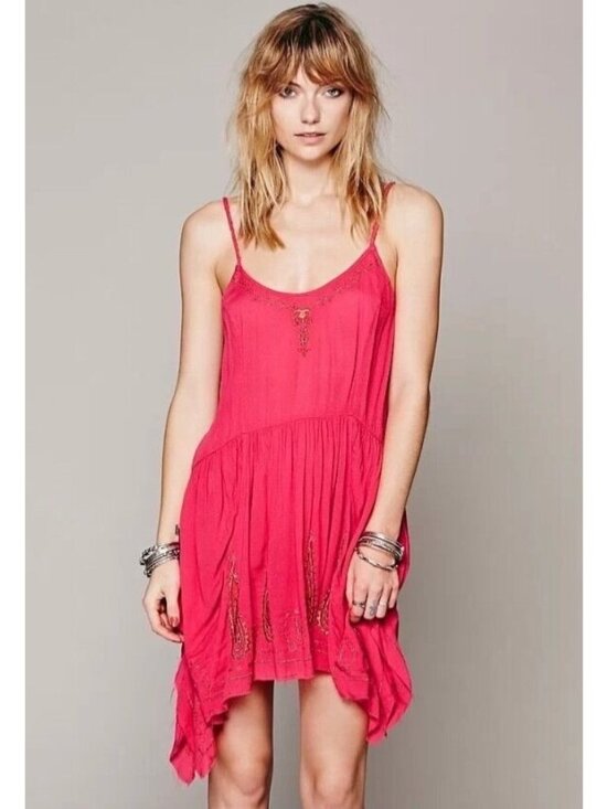 Free People Dresses & Skirts - NWT Free People Pink Gold Embroidered Asymmetric Slip Dress | Boho Fairy Indie M